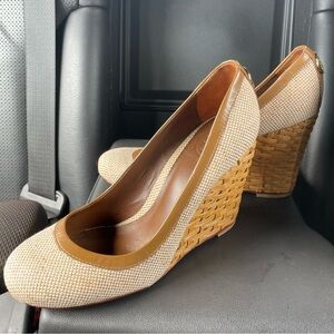 Tory Burch Elegant Woven Wedge Heels in Brown and Cream